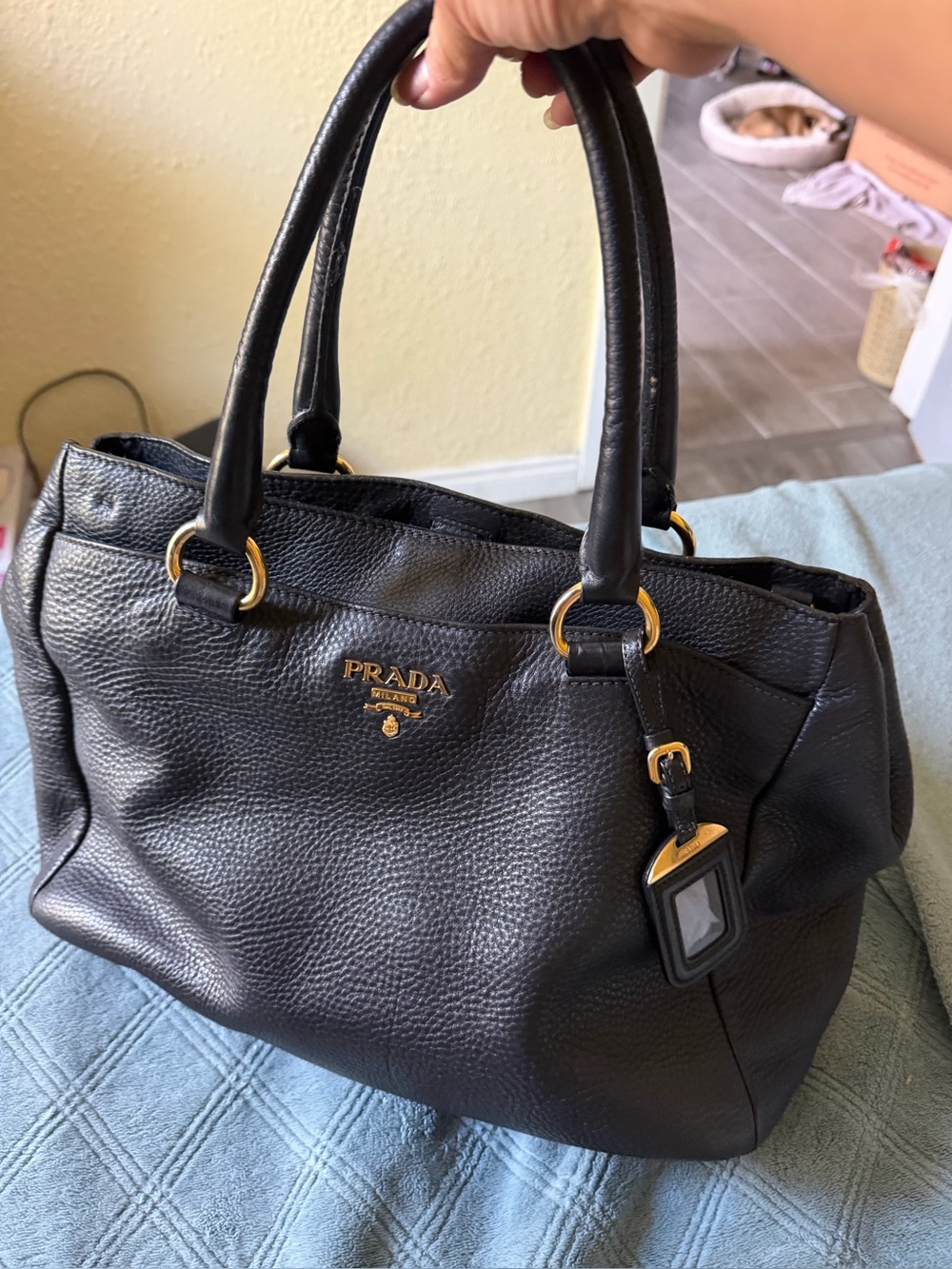 Prada Black Pebbled Leather Top-Handle Tote with Gold Hardware